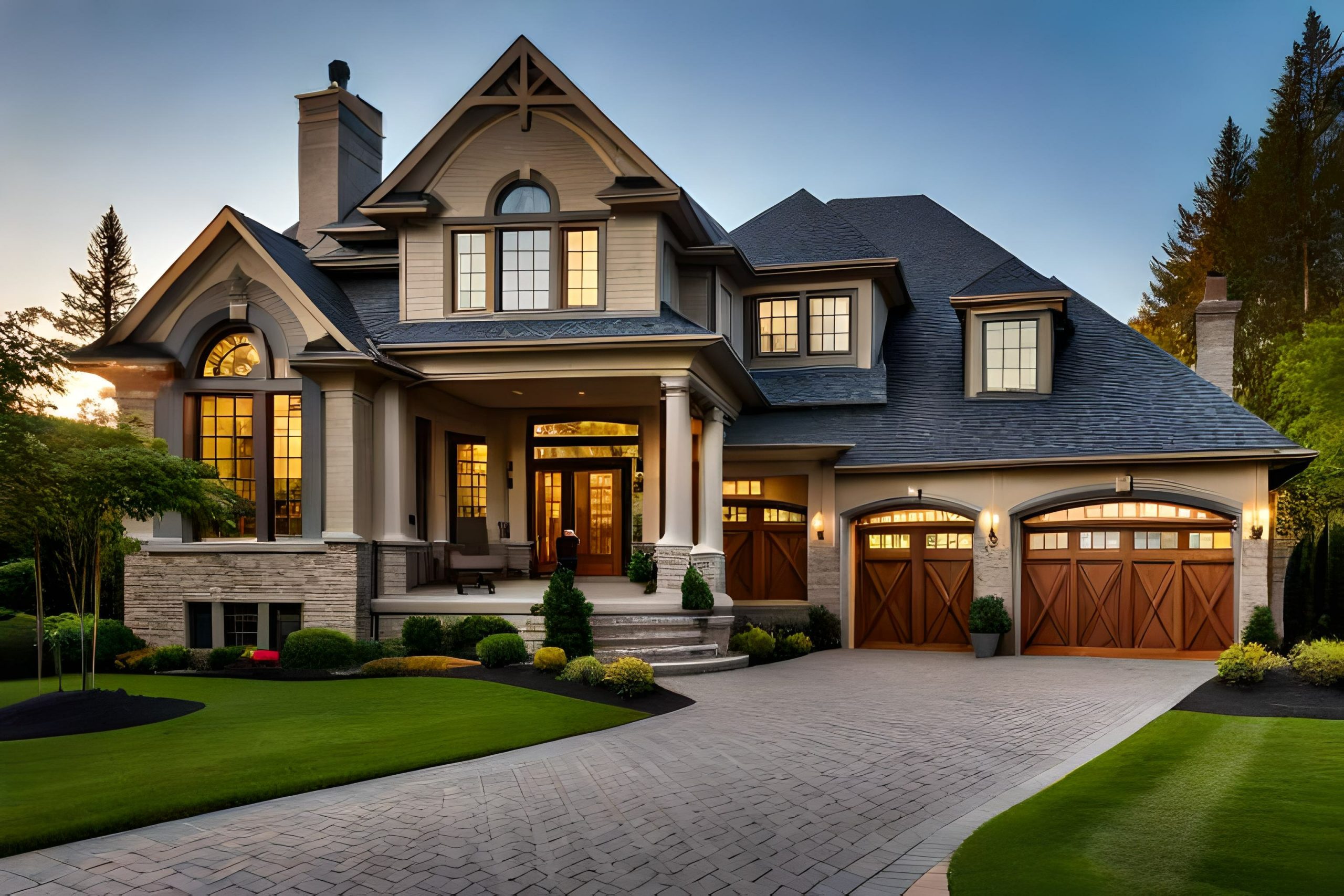 Luxury house exterior with brick and siding trim and Stairs.
