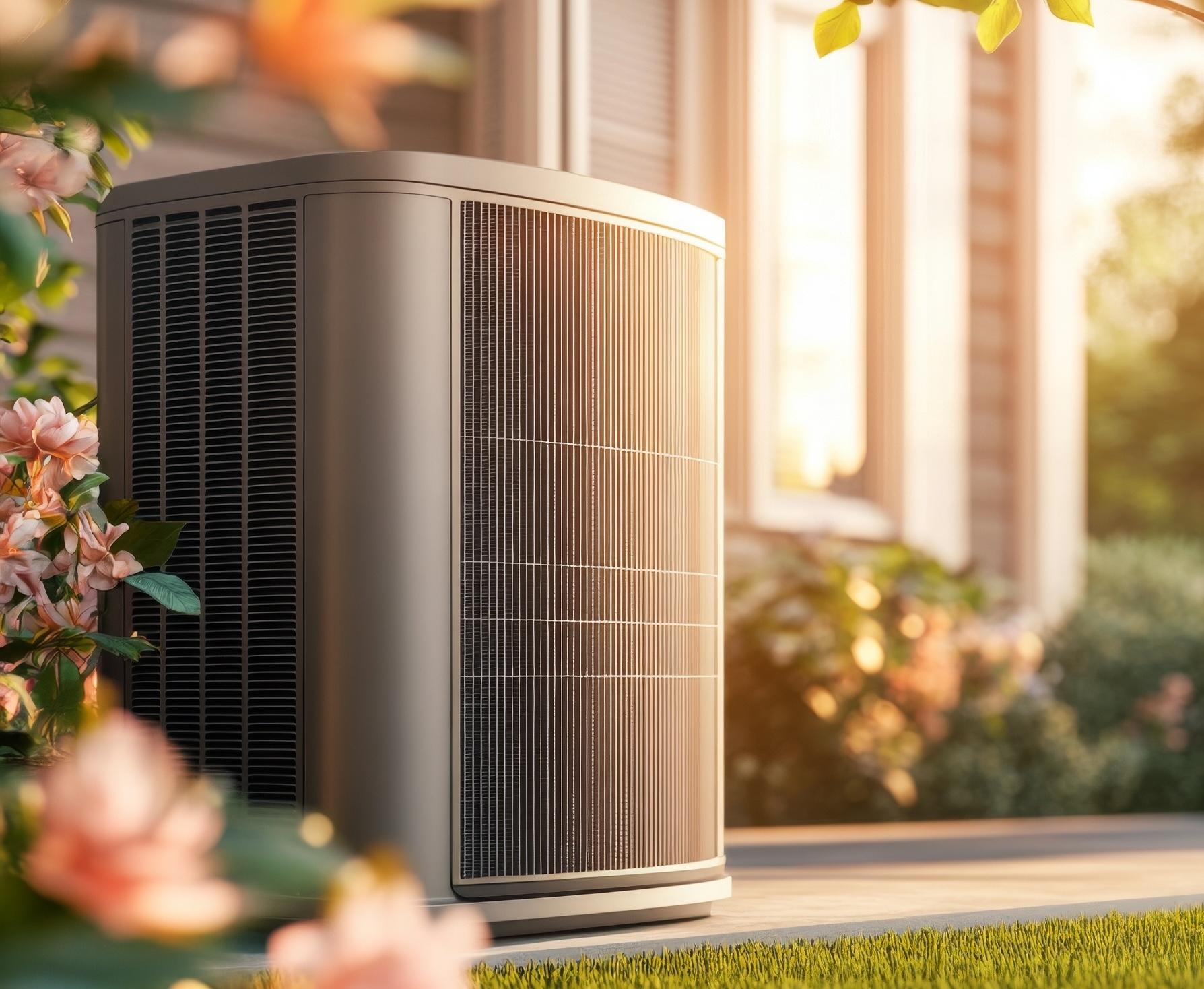 Outdoor HVAC unit in a blooming garden. Warm sunset light enhances the peaceful scene.